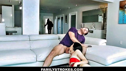 Sadie Blake sucking stepcousin's cock in red lingerie on FamilyStrokes