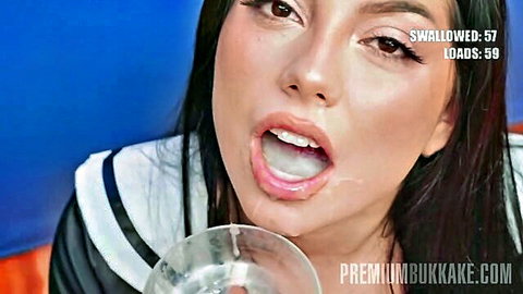 Roma Amor swallowing 59 bukkake loads in school uniform