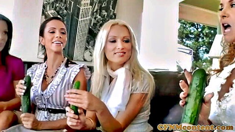 Three hot MILF women in CFNM scene practicing BJ techniques with cucumbers