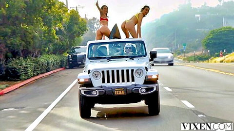 Eliza Ibarra and friend bare asses in bikinis on Jeep for epic threesome adventure