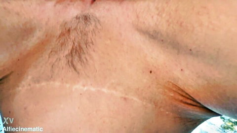 Close-up of man's hairy pubic area and scar in busty milf hard fuck scene