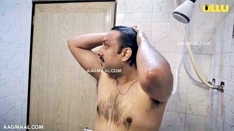 Indian man nude showering, washing hair in steamy bath from Rupay 500 Tamil