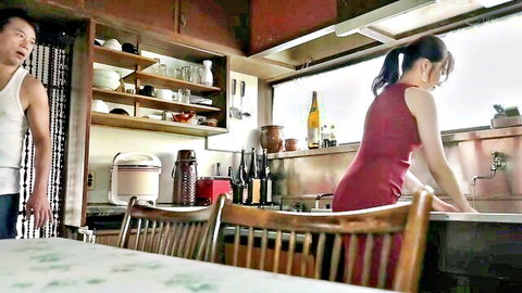 Aika Yamagishi in red dress bending over kitchen sink, Asian couple tease