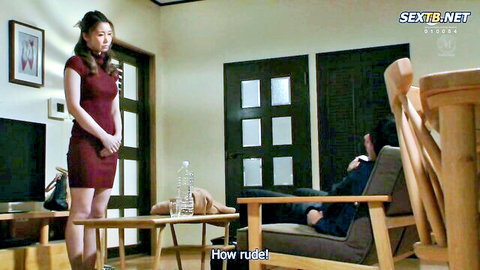 Ayumi Miura in tight red dress teases seated man in JAV scene