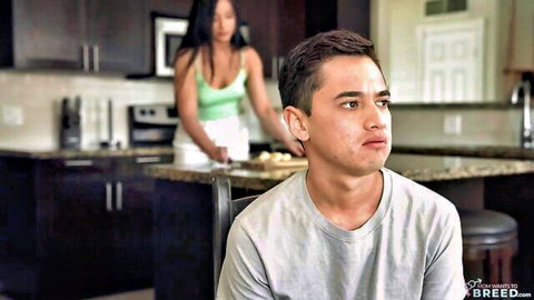 Jennifer White in green tank top teases stepson in kitchen breeding scene