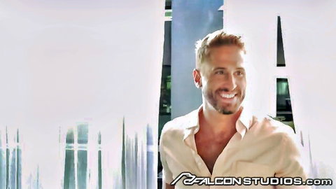 Wesley Woods in open shirt, smiling seductively - Falcon Studios gay teaser