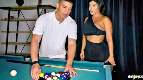 Sara Retali in revealing black dress teasing at pool table with guy