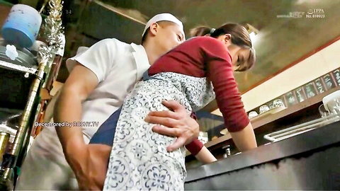 Japanese chef grips and fucks woman's exposed big ass bent over kitchen counter from behind