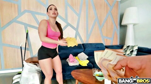 Curvy brunette maid with big tits and ass in tight pink top and shorts takes cash from boss