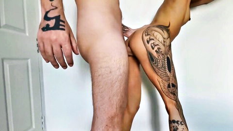 Skinny Asian with tattoos gets anal creampie from behind