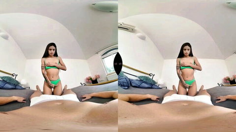 Asian teen with small tits pulls aside green bikini to straddle big cock in cowgirl POV VR