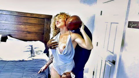Fit blonde in sheer lingerie gets big tits groped by BBC stud from behind on bed