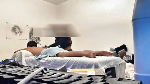 Colombian goddess in blue shorts submits to Asian stud in prone position