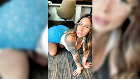Thick Latina Tokischa on all fours in blue dress, teasing big ass