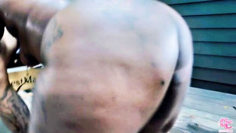 Tattooed big pale ass bent over outdoors spreading cheeks on wooden deck