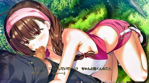 Anime girl in pink sports bra sucks phallic pink lollipop bending over in shorts showing cleavage
