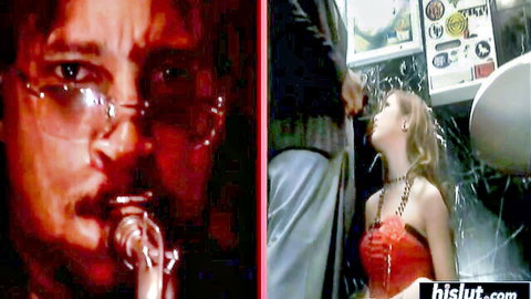 Intense mustached man in shades stares as sexy blonde in wet red dress looks up eagerly in steamy shower