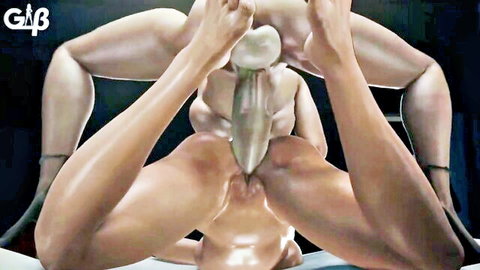 3D muscular big ass babe squats on thick white dildo fucking her shaved pussy deep
