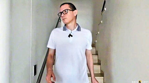 Man in white polo shirt with glasses walking up stairs in Emma Anturin adult video