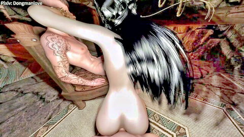 Tattooed man grips nude woman's pale round ass and pussy exposed in black feathered costume bent over chair