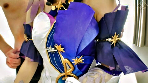 Man gropes big tits of busty Japanese cosplayer in purple star dress