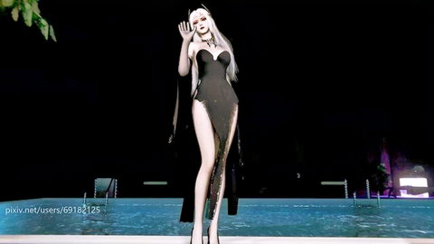 3D anime goth babe in revealing black slit dress waves seductively by neon pool