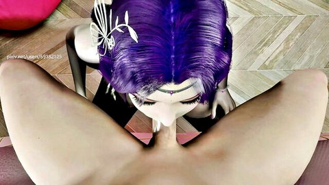 3D animated purple-haired Yun Xie from Perfect World spreading legs exposing pussy