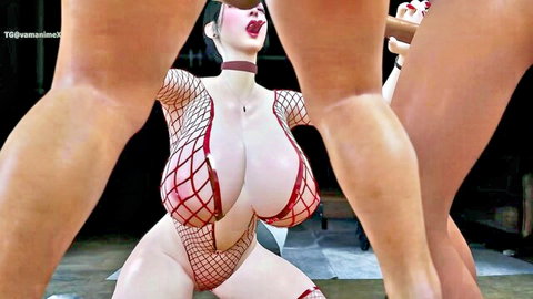 3D stewardess mom in fishnet lingerie sucking cock with family