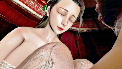 3D animated Asian beauty in red mesh lingerie, exposing perky breasts, sensual reclined pose