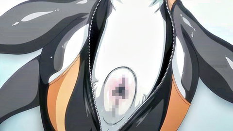 Anime penguin girl in unzipped black swimsuit exposing censored large breasts