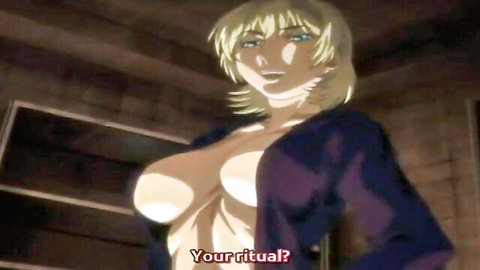 Blonde hentai babe exposing huge tits in open purple jacket, seductive ritual pose