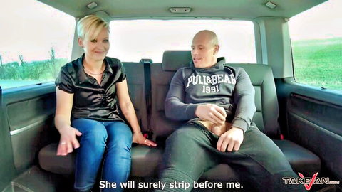Russian short-haired teen in van teasing strip with man, amateur hookup