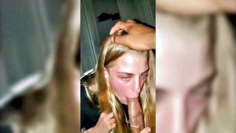 Blonde teen deepthroats massive black cock with hand gripping shaft in POV blowjob