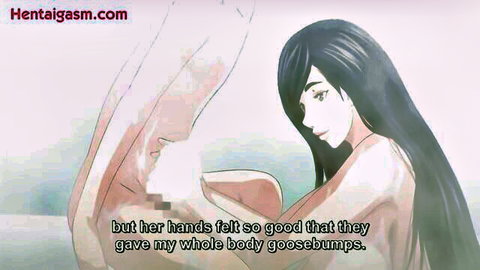 Busty hentai babe with huge exposed tits strokes censored cock handjob