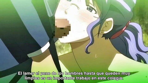 Busty purple-haired anime teacher giving censored blowjob in school uniform
