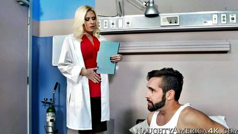 Riley Evans as busty blonde doctor seducing patient in office