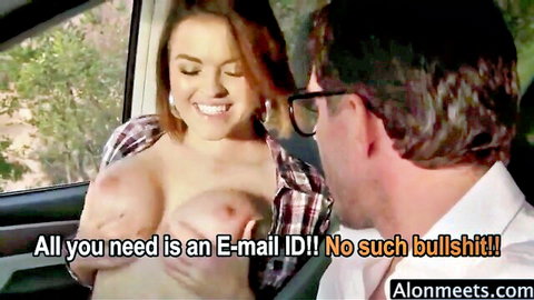 Krissy Lynn topless with big tits in car, smiling at man