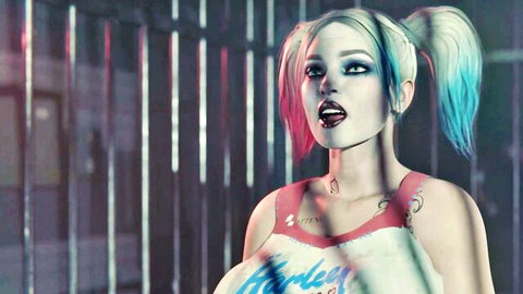 Sexy Harley Quinn cosplay with big tits, blonde pigtails in crop top