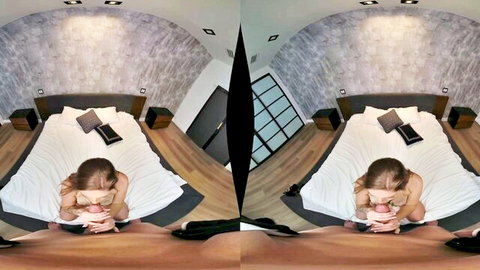 Blonde woman kneeling nude giving eager blowjob in VR POV