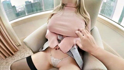 Blonde Ruri in tight pink turtleneck, stockings and thong teased in hotel
