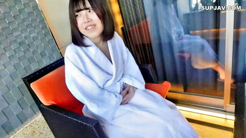 Smiling Asian F-cup office girl in bathrobe, teasing sensitive squirting JAV action