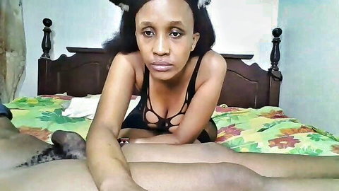 Ebony babe in cat ears lingerie gets big tits groped by black hands on bed