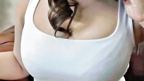 Busty Japanese aunt in low-cut white tank top, deep cleavage tease