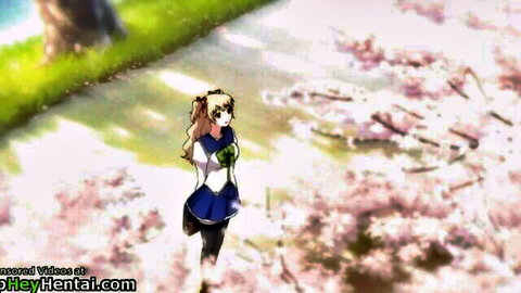 Blonde anime teen schoolgirl in tight sailor uniform walking under cherry blossoms in naughty hentai style