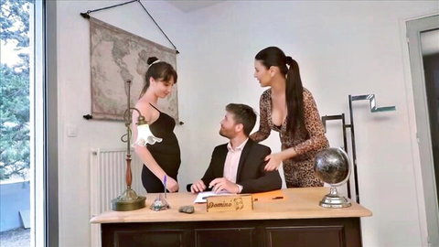 Two curvy French brunettes in sexy dresses seduce suited man
