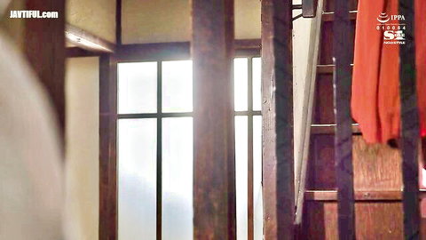 Japanese busty wife in traditional room, red dress hanging, seductive JAV scene