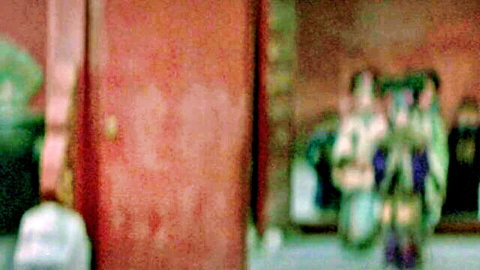 Blurry group of Asian women in colorful kimonos near red gate, 1987 JAV style