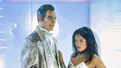 Stormy Daniels in sexy white dress with space alien man, sci-fi orgy thumbnail