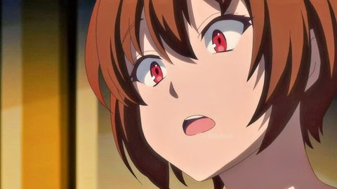 Surprised anime girl with red eyes and brown hair in Redo of Healer fan service scene