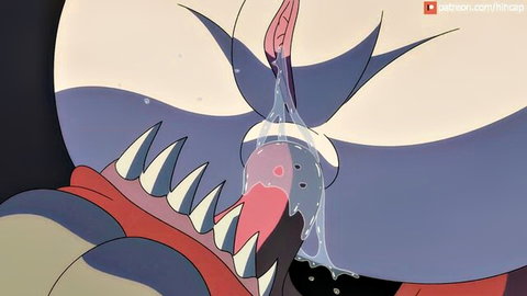Hentai monster with sharp teeth licking wet pink pussy close-up